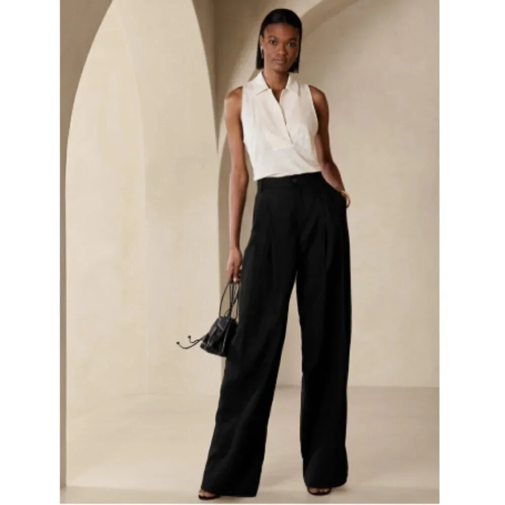 Banana Republic LENA Linen WIDE LEG Black PLEATED Pant sz 6 PETITE #629205 $140